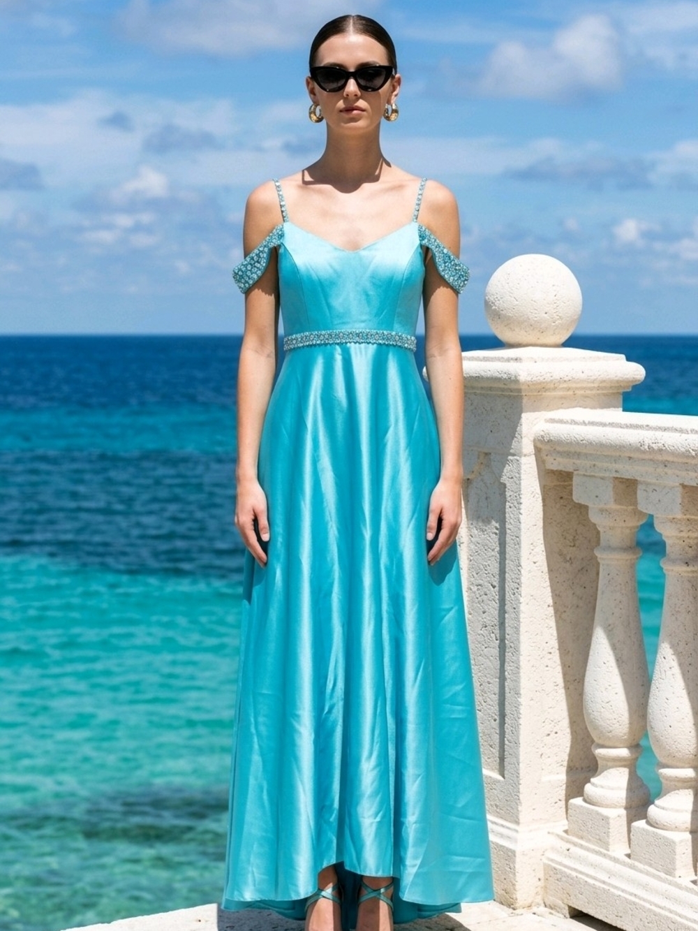 Cold-Shoulder Turquoise Satin Maxi Dress with Beaded Straps